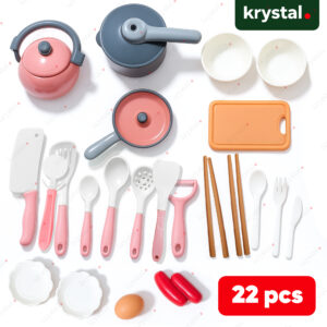 Krystal 22-piece kids kitchen cooking toy set with pink and grey pots, pans, simulation utensils, and play food