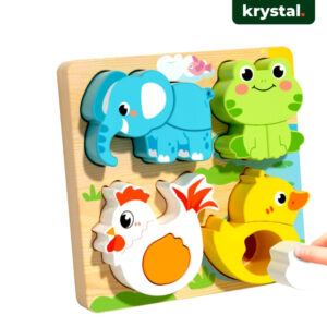 Krystal 4-in-1 wooden 3D animal puzzle set for toddlers, Montessori educational toy with elephant and frog shapes