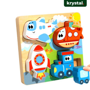 Krystal 4-in-1 wooden 3D transport puzzle for toddlers featuring colorful airplane, rocket, train, and submarine