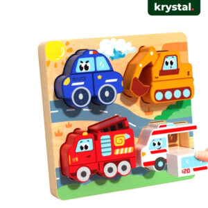 Krystal 4-in-1 wooden vehicle puzzle for toddlers featuring chunky police car, fire truck, and excavator toys.
