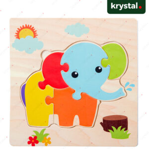 Krystal Montessori wooden elephant 3D puzzle toy for toddlers, colorful educational animal matching game.