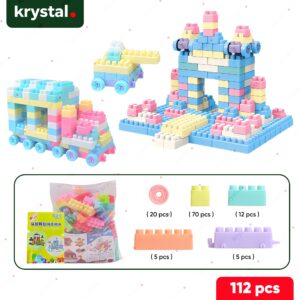 112-piece pastel soft rubber building blocks for toddlers, BPA-free educational stacking toy by Krystal