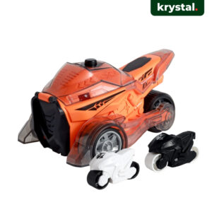Krystal orange motorcycle launcher toy set with catapult action and two mini pull-back bikes for kids