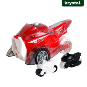 Krystal red motorcycle launcher toy set with catapult action vehicle and two pull-back mini bikes
