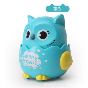 Blue owl shaped press and slide toy car for toddlers, battery-free friction power toy