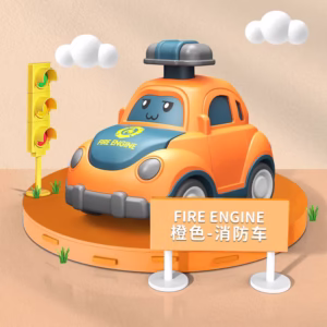 Orange baby cartoon press and go fire engine toy car by Krystal for toddler motor skills development