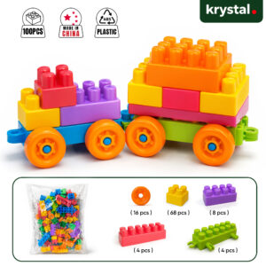 Krystal 100pcs kids large particle building blocks set with colorful educational toy train and assorted ABS plastic pieces