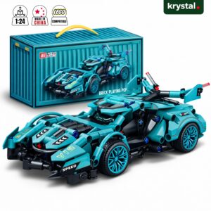 Teal 1:24 scale Lamborghini-inspired LEGO-compatible building block car in a premium container gift box