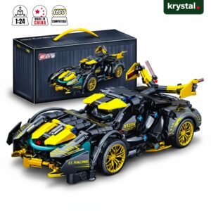 1:24 scale Lamborghini-inspired LEGO-compatible racing car building block set in black and yellow with container gift box