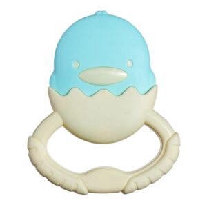Krystal Curated blue chick-shaped BPA-free silicone baby rattle and teether toy with easy-grip handle
