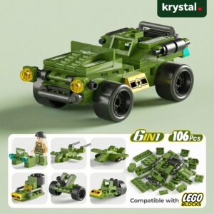 Krystal 6-in-1 military building block set, 106pcs Lego compatible army vehicle toy with mini figure
