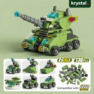 Krystal 6-in-1 mini brick building blocks toy set, green military tank compatible with Lego, 138 pieces