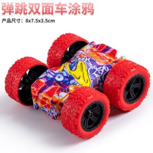 Double-sided graffiti stunt car with red off-road tires and friction-powered 360-degree flip action