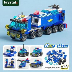 Krystal 6-in-1 police vehicle building blocks set, 147 pcs, Lego compatible mini bricks for kids