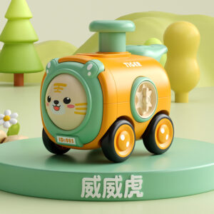 Krystal Press and Go baby train toy with orange tiger design and interactive fine motor skill buttons for toddlers