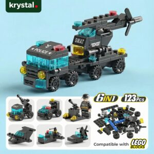 Krystal 6-in-1 SWAT police building blocks set, 123 piece Lego compatible mini brick vehicles and figures