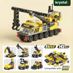 Krystal 6-in-1 construction vehicle building blocks set, 142 pieces, Lego compatible yellow crane and excavator toys