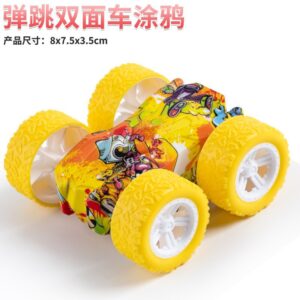 Double-sided graffiti stunt car toy with yellow textured wheels for kids