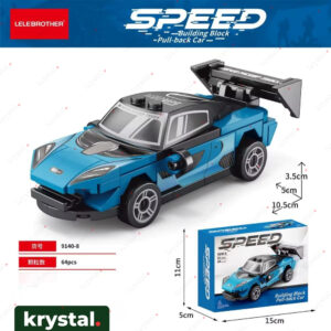 Krystal children's blue pull-back sports car building block toy, 64-piece DIY assembly puzzle for STEM learning