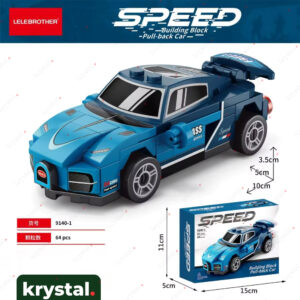 Krystal blue sports car building block toy, 64-piece DIY assembly pull-back car for kids STEM learning