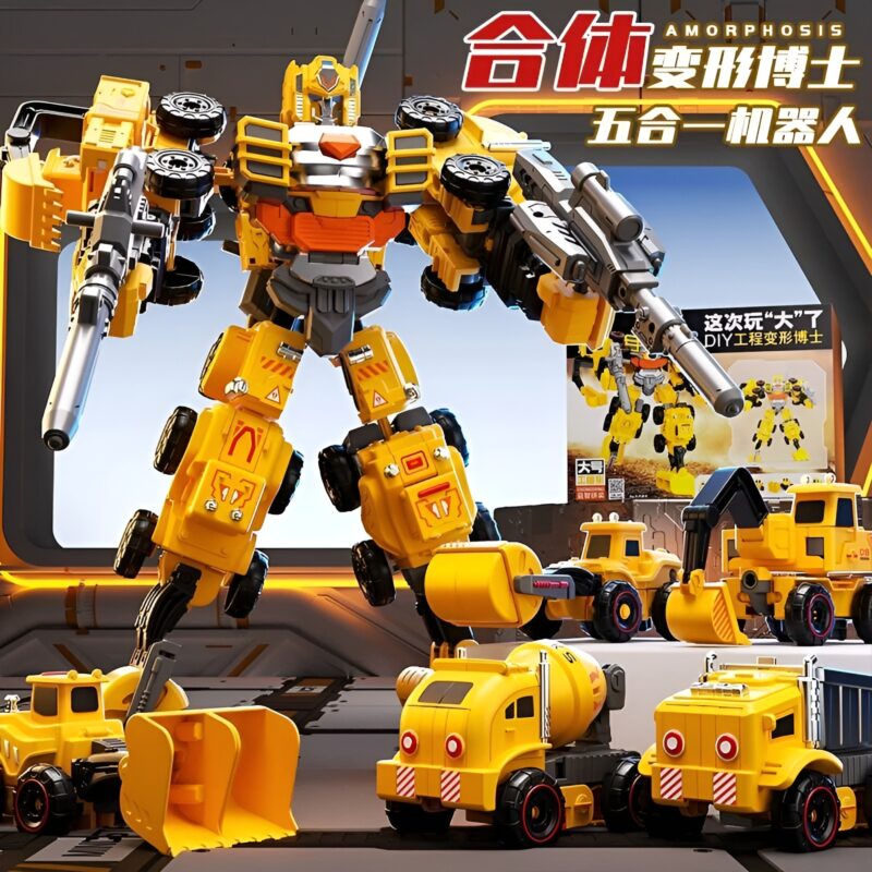 Amorphosis 5-in-1 transforming construction truck robot toy for kids, featuring excavator and bulldozer mecha parts