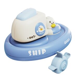 Krystal blue and white wind-up cartoon bath ship toy for toddler water play and sensory bathing