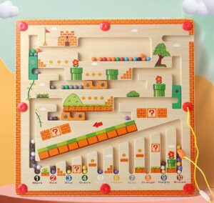 Magnetic Wooden Mushroom Maze Puzzle for color sorting and counting with beads and magnetic wand