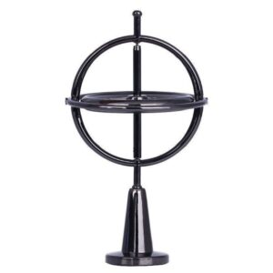 Black self-balancing metal gyroscope on stand for physics STEM learning and office desk decor