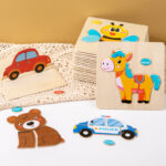 Educational chunky wooden puzzles for toddlers featuring colorful animals and vehicles for early learning development