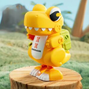 Yellow cartoon wind-up walking dinosaur toy with green backpack, battery-free motion ABS plastic toy for kids