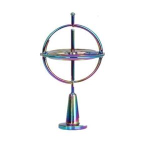 Rainbow metal self-balancing gyroscope on pedestal for STEM learning and physics desk decor