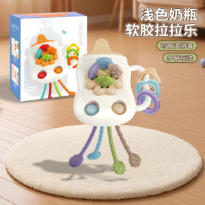 Krystal silicone sensory pull string activity toy and teether in milk bottle shape for baby fine motor skill development