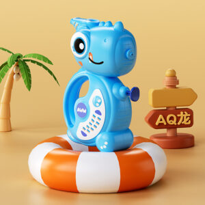 Blue dinosaur whistle water gun toy for kids, leak-proof cartoon spray blaster on orange lifebuoy