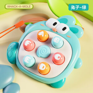 Krystal green bunny whack-a-mole interactive game toy with lettered pop buttons for focus and coordination