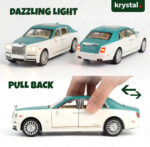 Krystal Rolls Royce Phantom six-door toy car with LED lights and pull-back motion in white and teal