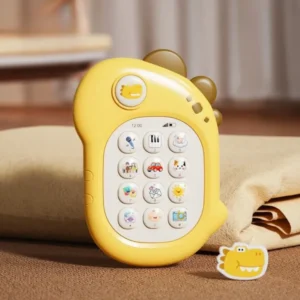 Yellow dinosaur musical toy phone for babies with interactive buttons and educational sounds