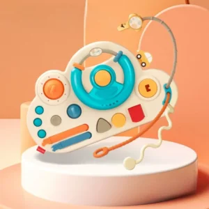 Cloud-shaped toddler busy board steering wheel toy with interactive buttons and sensory pull cords