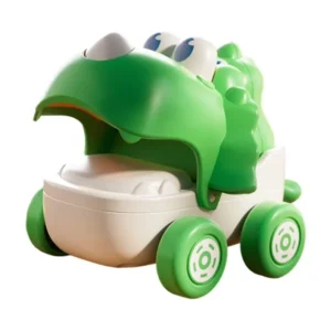 Green cartoon dinosaur pull-wire car with an open mouth and energy-storing motion mechanism