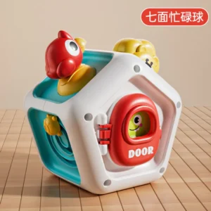 7-sided baby busy ball activity cube for fine motor skills with animal figurines and interactive red door