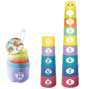 Stacking Cups Toy with Mesh Bag – 8 Colorful Cups, Numbers & Letters