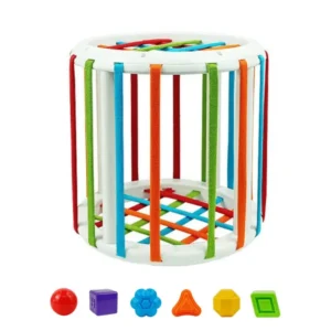 Round sensory shape sorting toy for toddlers with 6 colorful rattle shapes and elastic bands