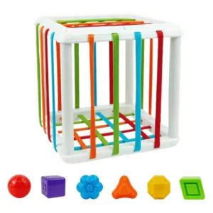 Shape sorting Cesele toy for babies with colorful elastic bands and 6 textured rattle blocks
