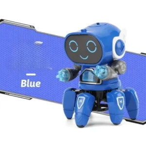 Blue six-claw dancing robot toy for kids with LED lights, music, and 360-degree rotation