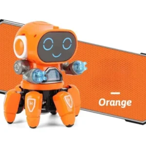 Orange six-claw dancing robot toy for kids with LED lights and 360-degree movement