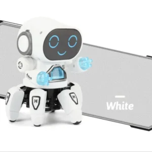 White six-claw dancing robot toy for kids with blue LED lights and 360-degree rotation