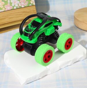 Green off-road stunt rolling car toy with pull-back 4WD and chunky lime green tires