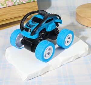 Blue off-road stunt rolling car toy with pull-back mechanism and oversized textured tires