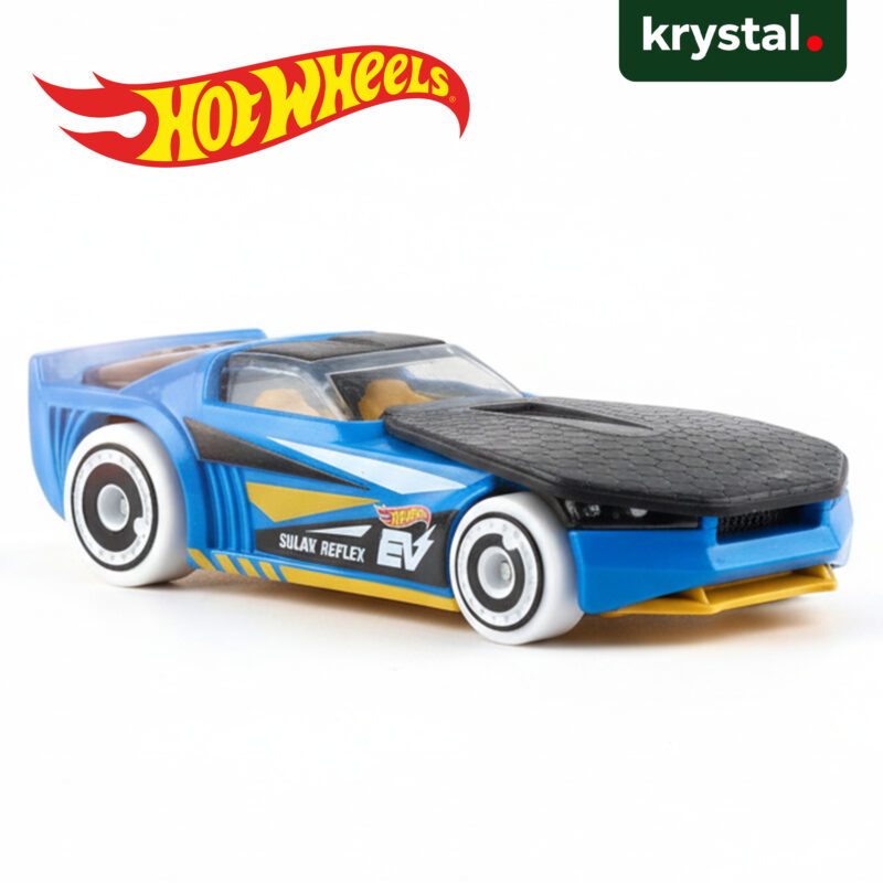 Hot Wheels Solar Reflex blue die-cast toy car with white wheels and black textured hood