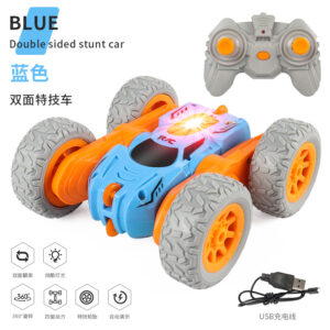 Blue and orange double-sided RC stunt car with 360-degree rotation, 4WD, LED lights, and 2.4G remote control