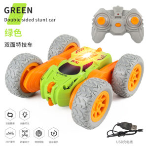 Green double-sided RC stunt car toy with 360 rotation, 2.4G remote, and rechargeable USB cable